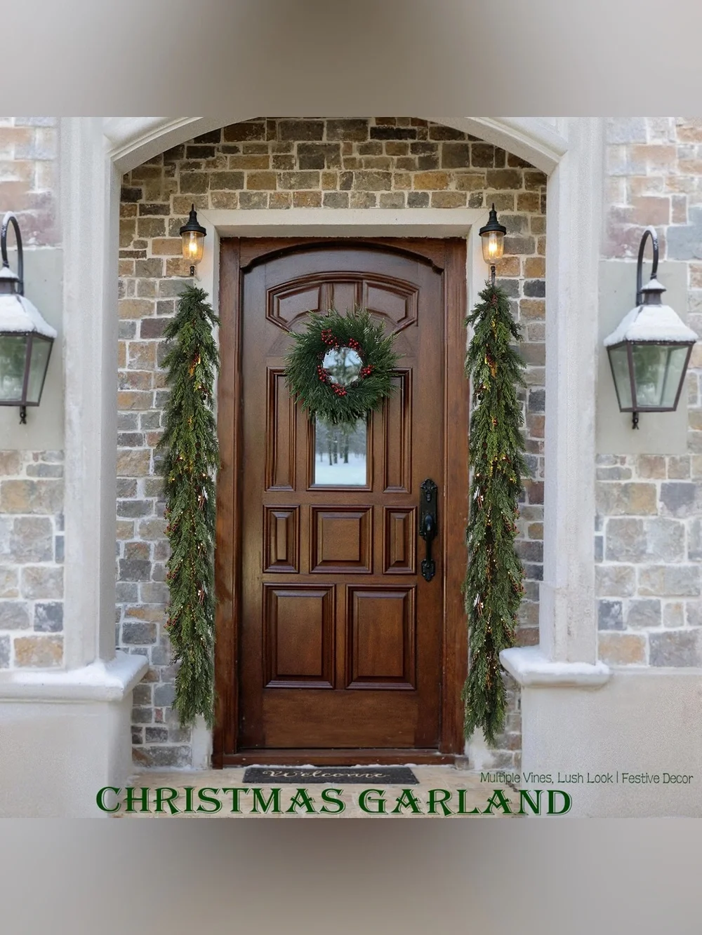 6 Feet Christmas Garland Decorations - Real Touch Cedar - Free LED String Lights